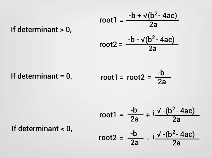 roots quadratic equation find program example complex examples different calculation